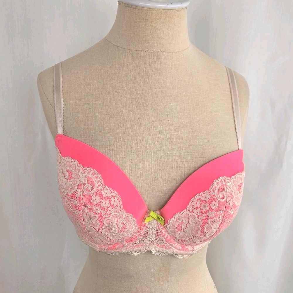 Victoria's Secret‎ Dream Angels Lined Demi Bra 34DD Pink Ivory Lace Bow Lingerie